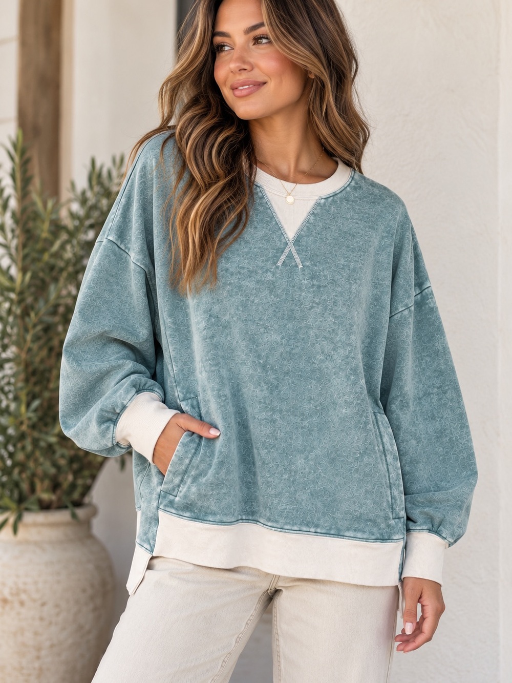 Zenana Acid Wash Fleece-Lined Sweatshirt – Ash Jade 💚 - Picture 3 of 5